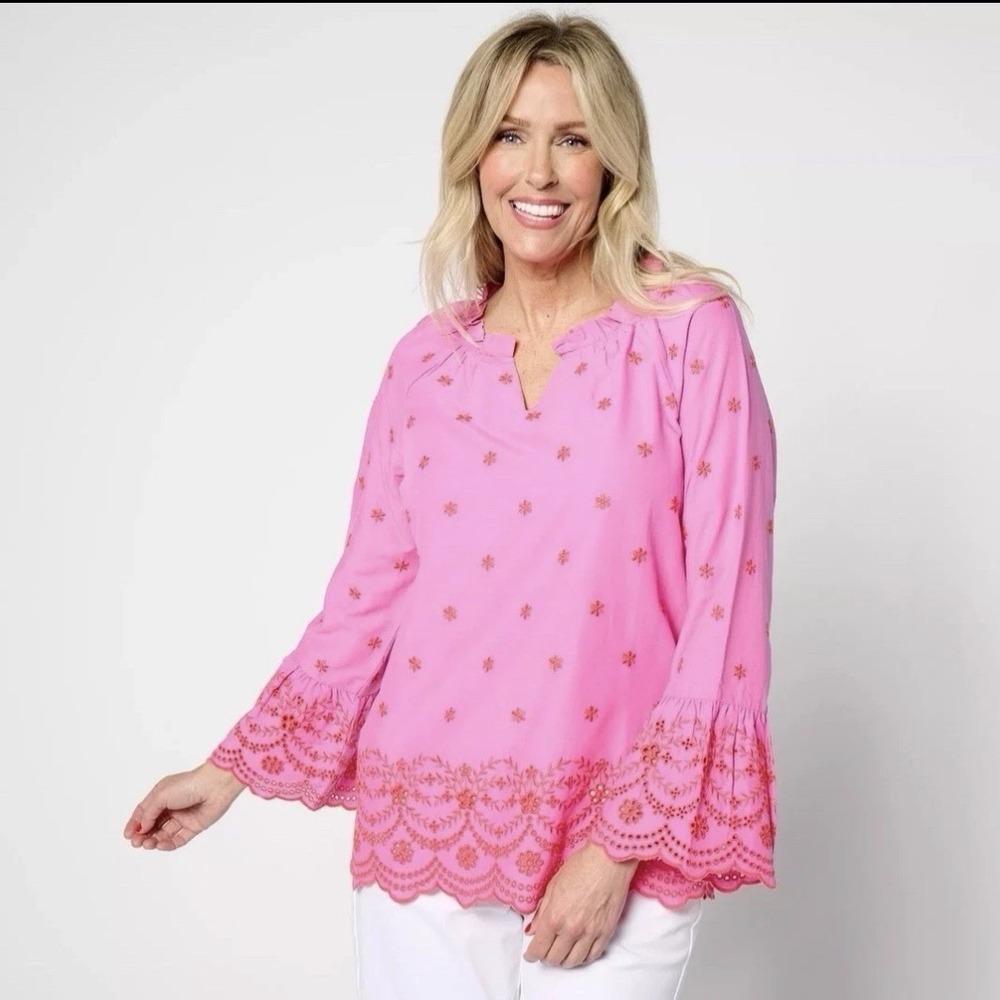 Belle by‎ Kim Gravel Daisy Pop Embroidered Blouse Preppy Pink Large - Picture 1 of 7
